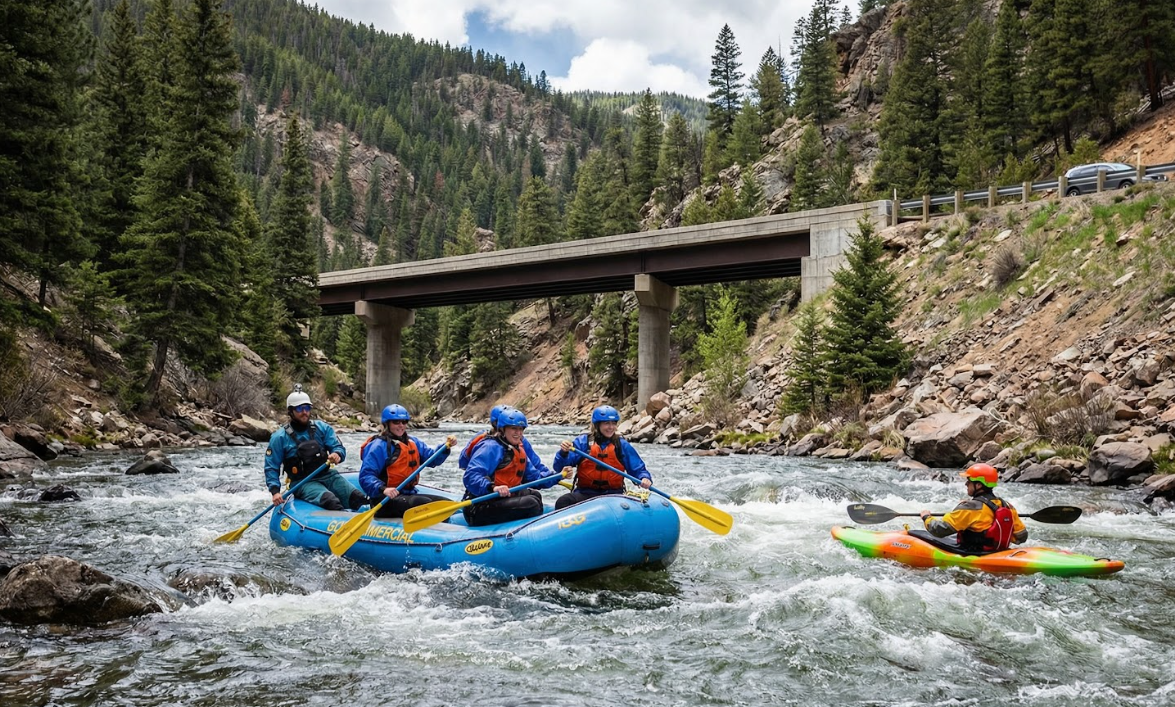 guided raft and safety kayaker navigate steep class iv