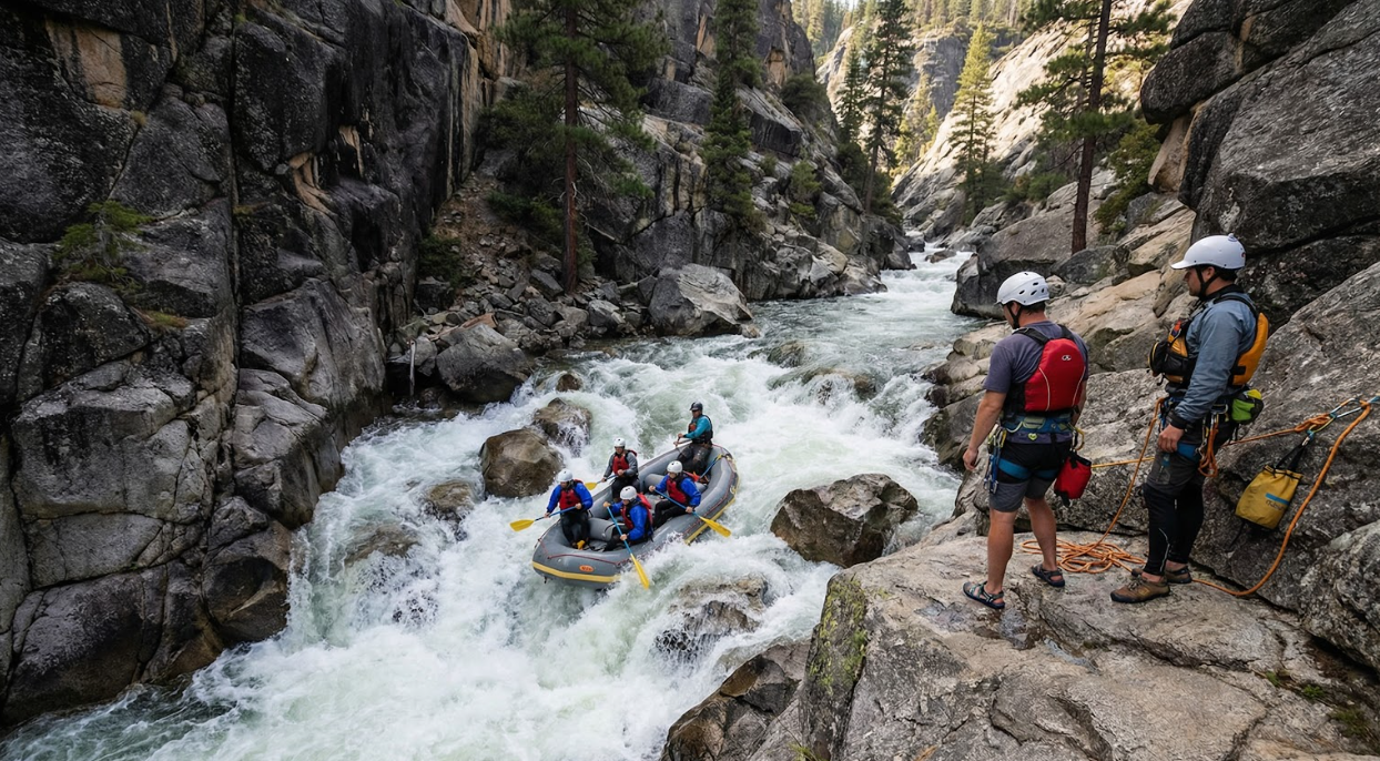 guided raft drops into a steep class v