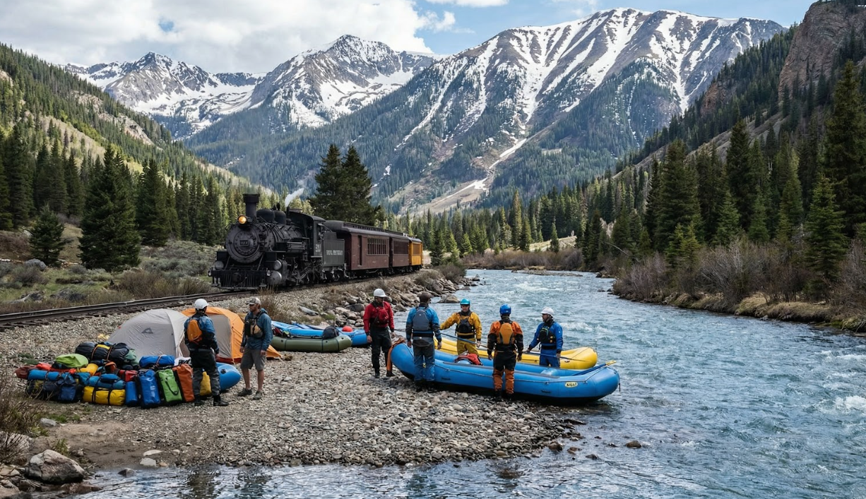 guides and paddlers unload rafts and gear