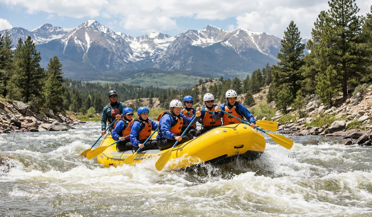 raft of paddlers navigating whitewater
