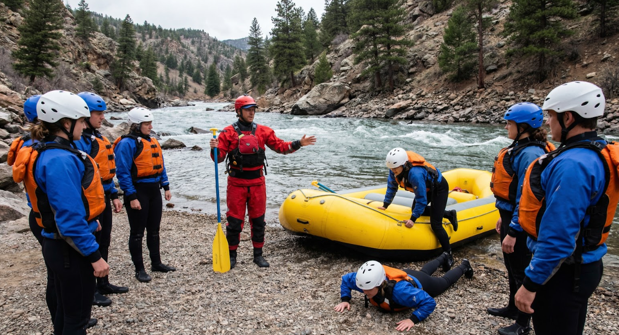 rafting guide leads a class iv safety briefing